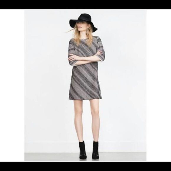 ZARA Gray Basic Medium Knit Black Stripes 3/4 Sleeves Dress - Picture 4 of 15